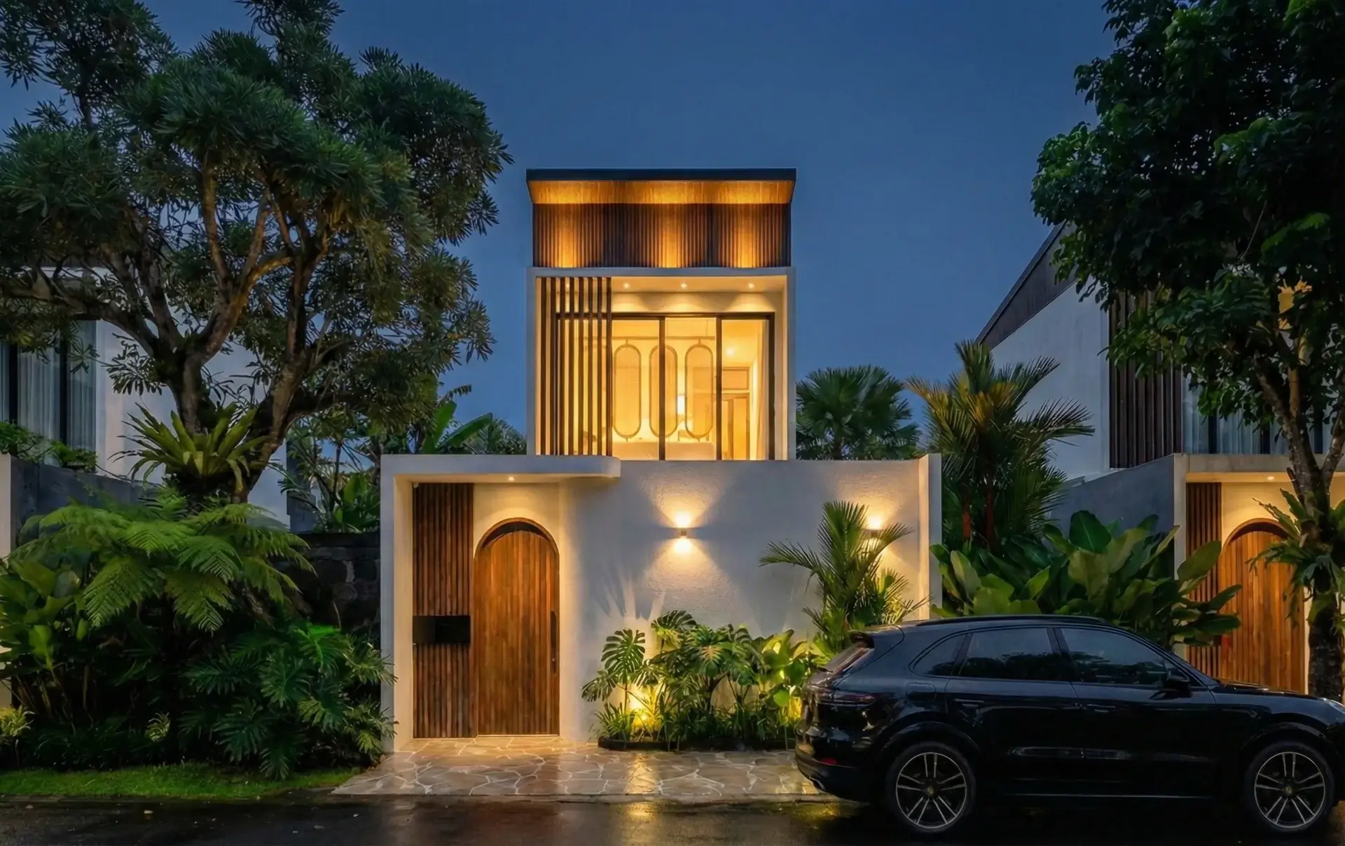 Villa Yume facade illuminated at night